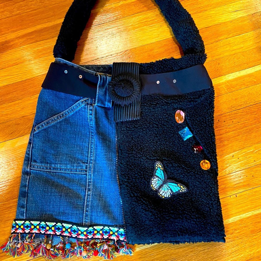 Original Denim and sherpa bag . RawEdge bags handmade by Salina . No two alike .
